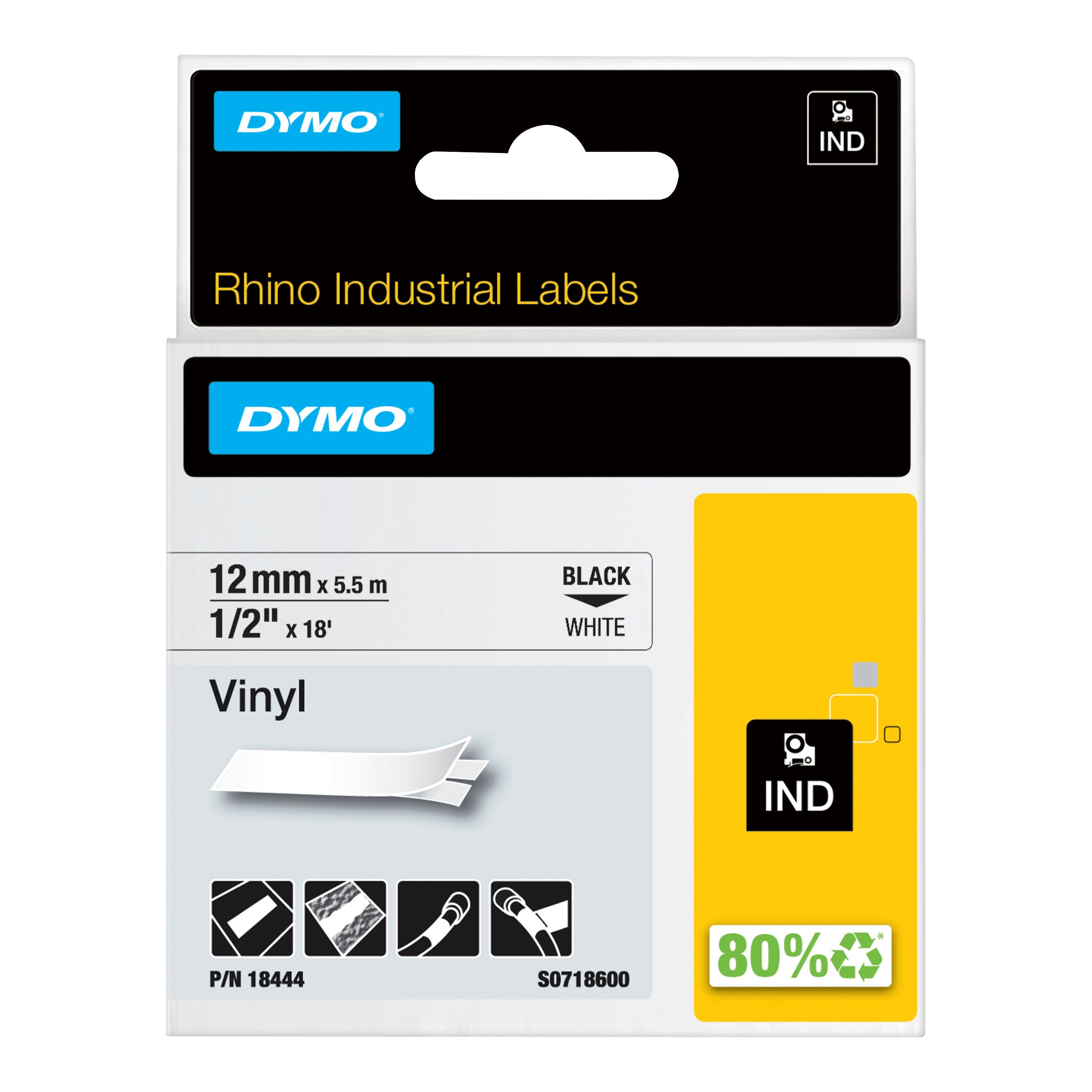 MÄRKBAND DYMO IND 12 MM X 5,5M VINYL SVART PÅ VIT